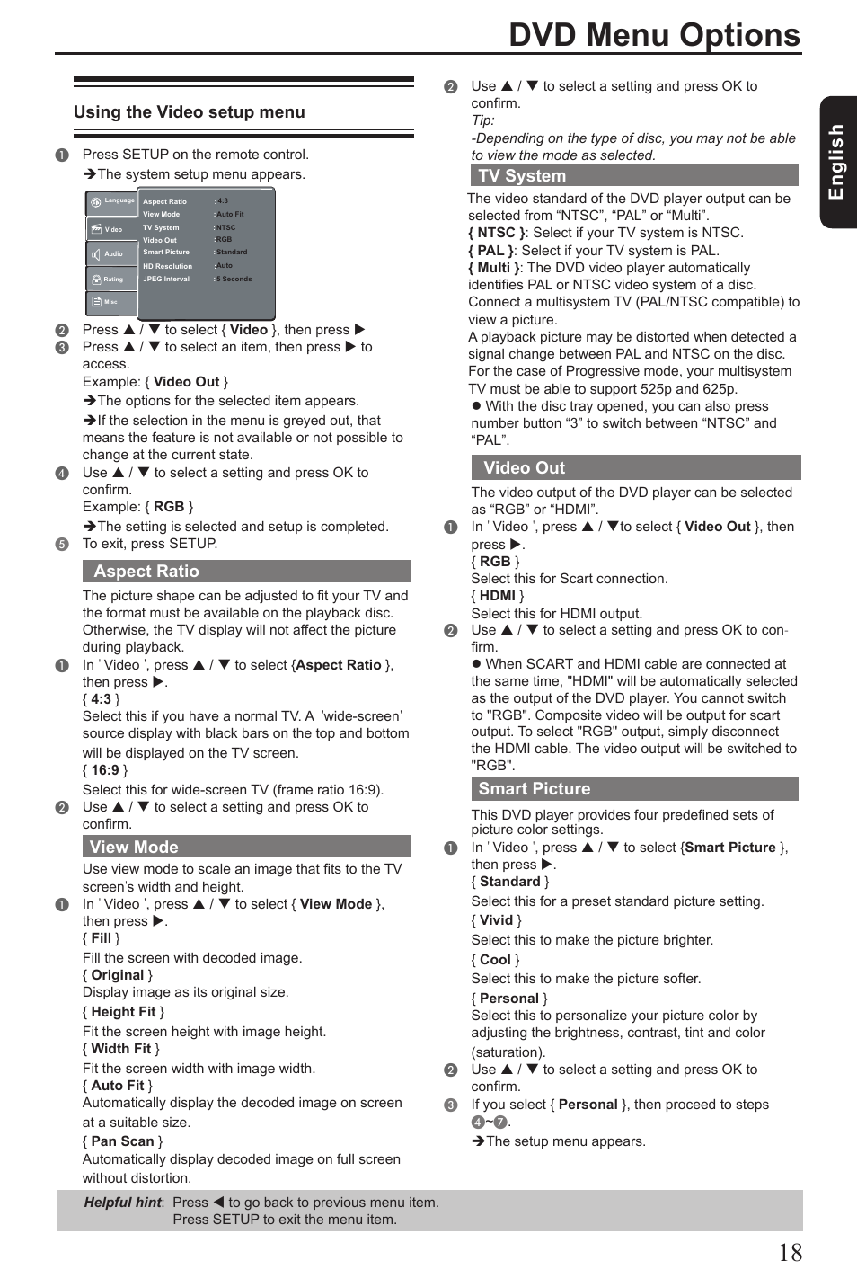 Dvd menu options, Eng lis h, Tv system | Video out, Smart picture, Using the video setup menu, Aspect ratio, View mode | Toshiba SD390 User Manual | Page 19 / 26