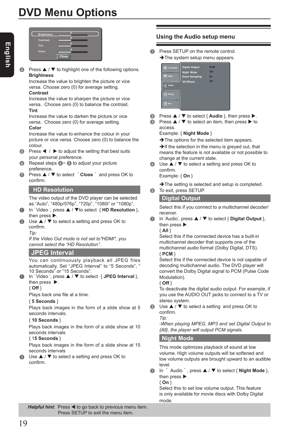 Dvd menu options, Eng lis h, Jpeg interval | Hd resolution, Using the audio setup menu, Digital output, Night mode | Toshiba SD390 User Manual | Page 20 / 26