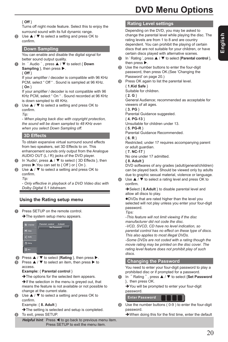 Dvd menu options, Eng lis h, Down sampling | 3d effects, Using the rating setup menu, Rating level settings, Changing the password | Toshiba SD390 User Manual | Page 21 / 26