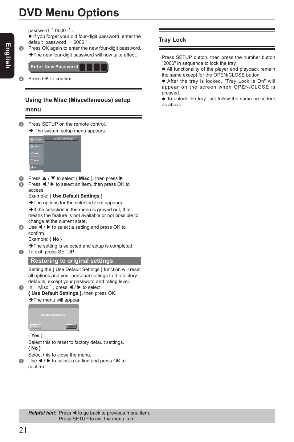 Dvd menu options, Eng lis h, Using the misc (miscellaneous) setup menu | Restoring to original settings, Tray lock | Toshiba SD390 User Manual | Page 22 / 26