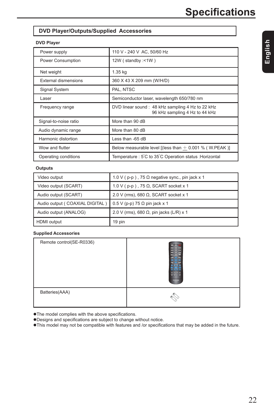 Specifications, Eng lis h | Toshiba SD390 User Manual | Page 23 / 26