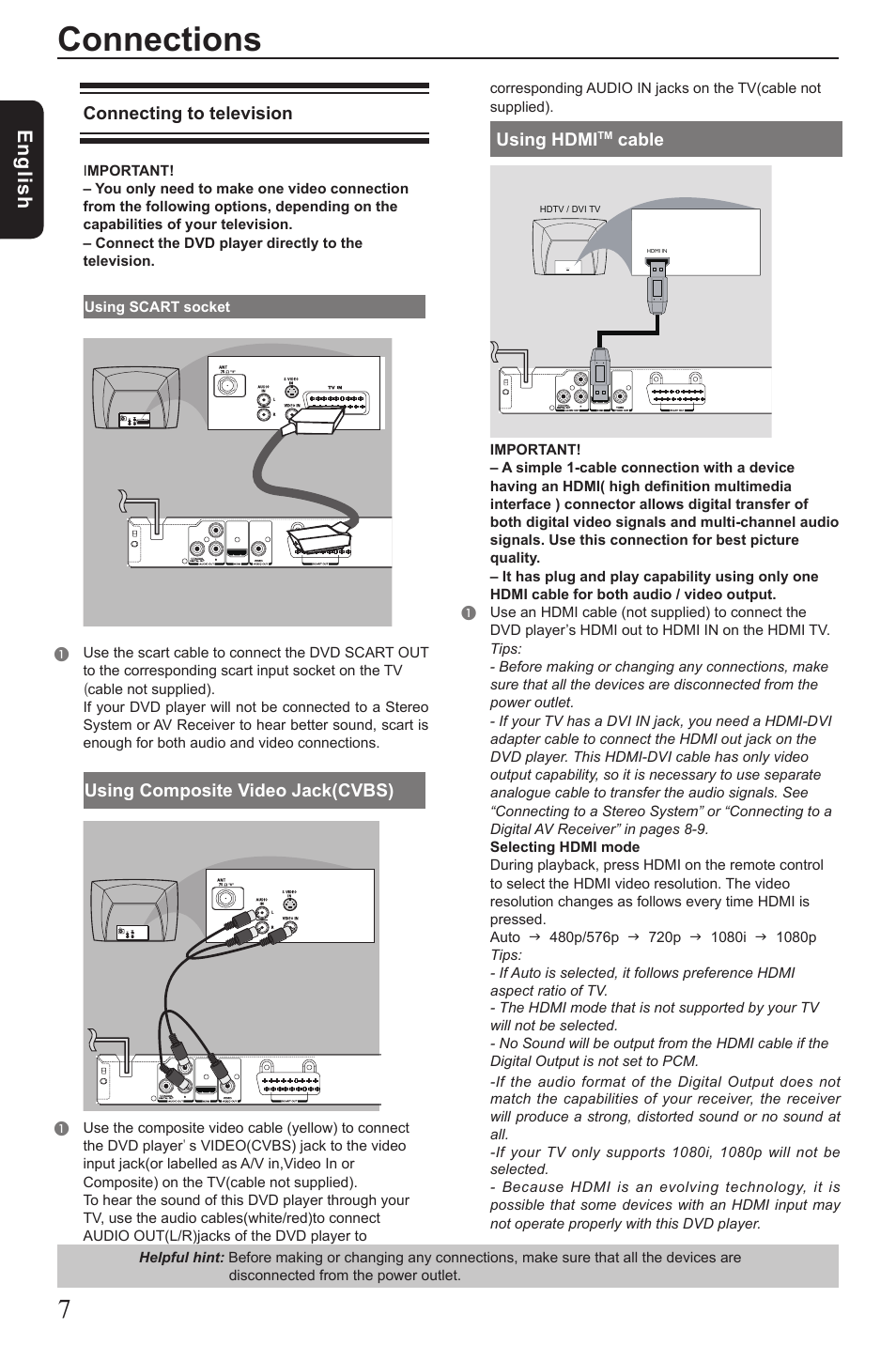 Connections, Eng lis h, Connecting to television | Using composite video jack(cvbs), Using hdmi, Cable | Toshiba SD390 User Manual | Page 8 / 26