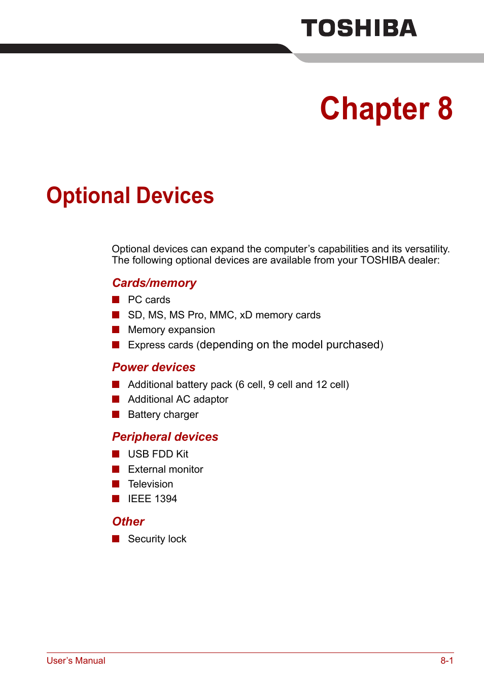 Chapter 8: optional devices, Chapter 8, Optional devices | Toshiba Satellite A100 (PSAAR) User Manual | Page 103 / 171