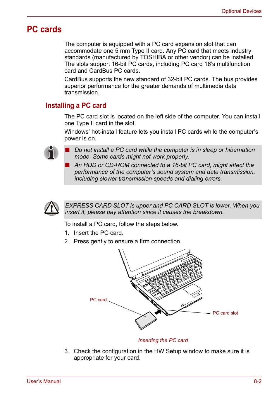 Pc cards, Pc cards -2, Installing a pc card | Toshiba Satellite A100 (PSAAR) User Manual | Page 104 / 171