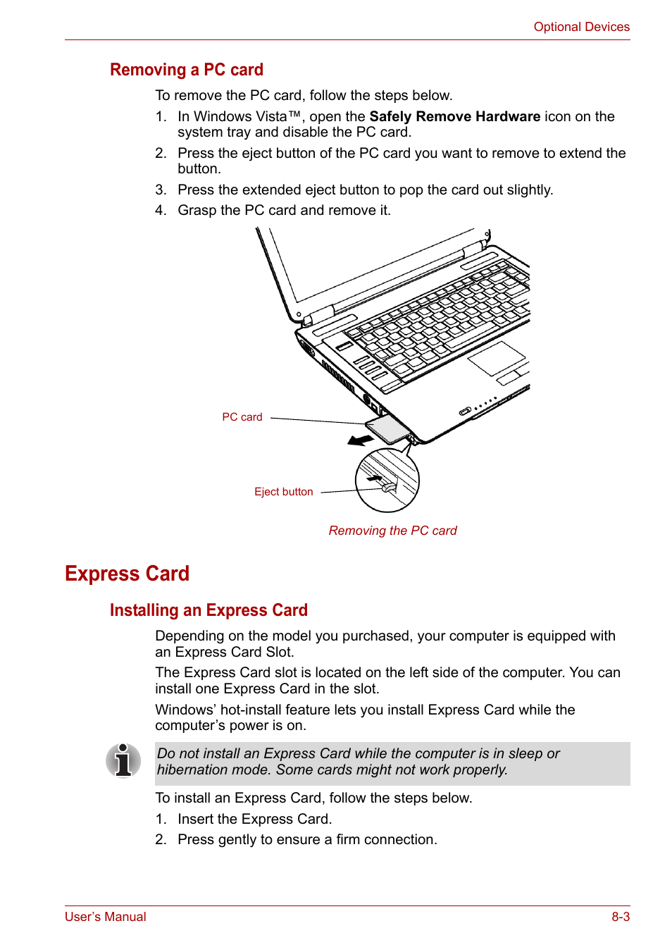 Express card, Express card -3, Removing a pc card | Installing an express card | Toshiba Satellite A100 (PSAAR) User Manual | Page 105 / 171