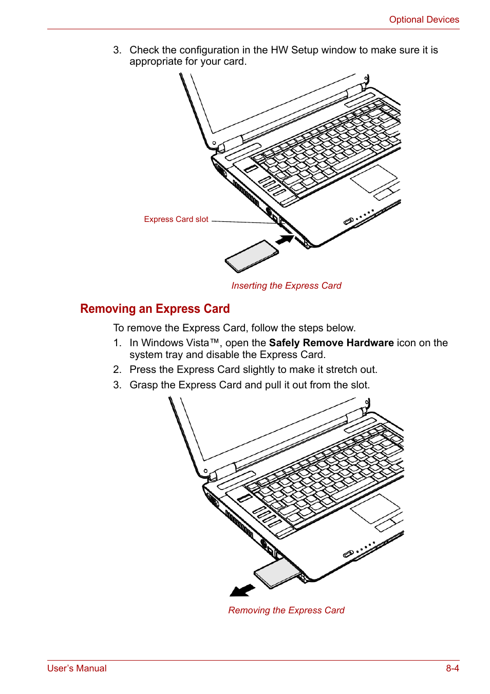 Removing an express card | Toshiba Satellite A100 (PSAAR) User Manual | Page 106 / 171