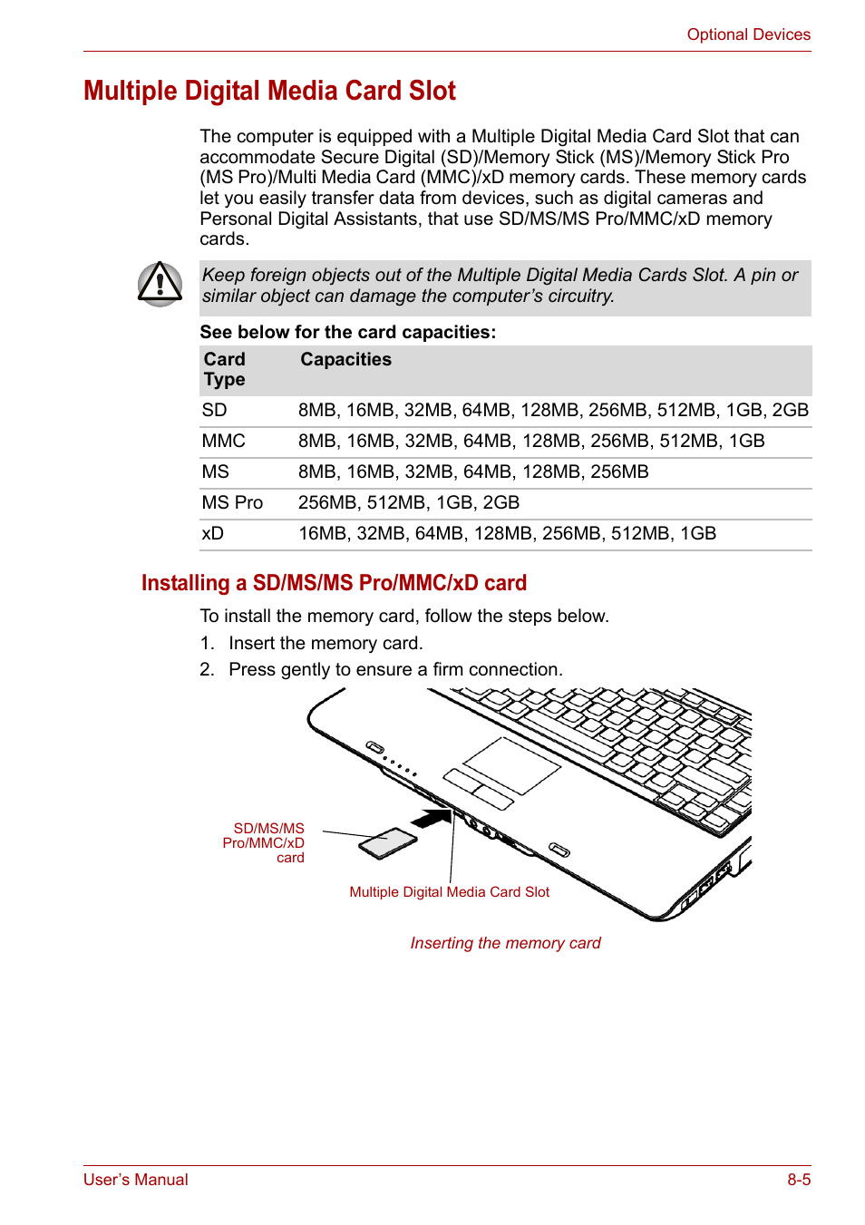 Multiple digital media card slot, Multiple digital media card slot -5, Installing a sd/ms/ms pro/mmc/xd card | Toshiba Satellite A100 (PSAAR) User Manual | Page 107 / 171