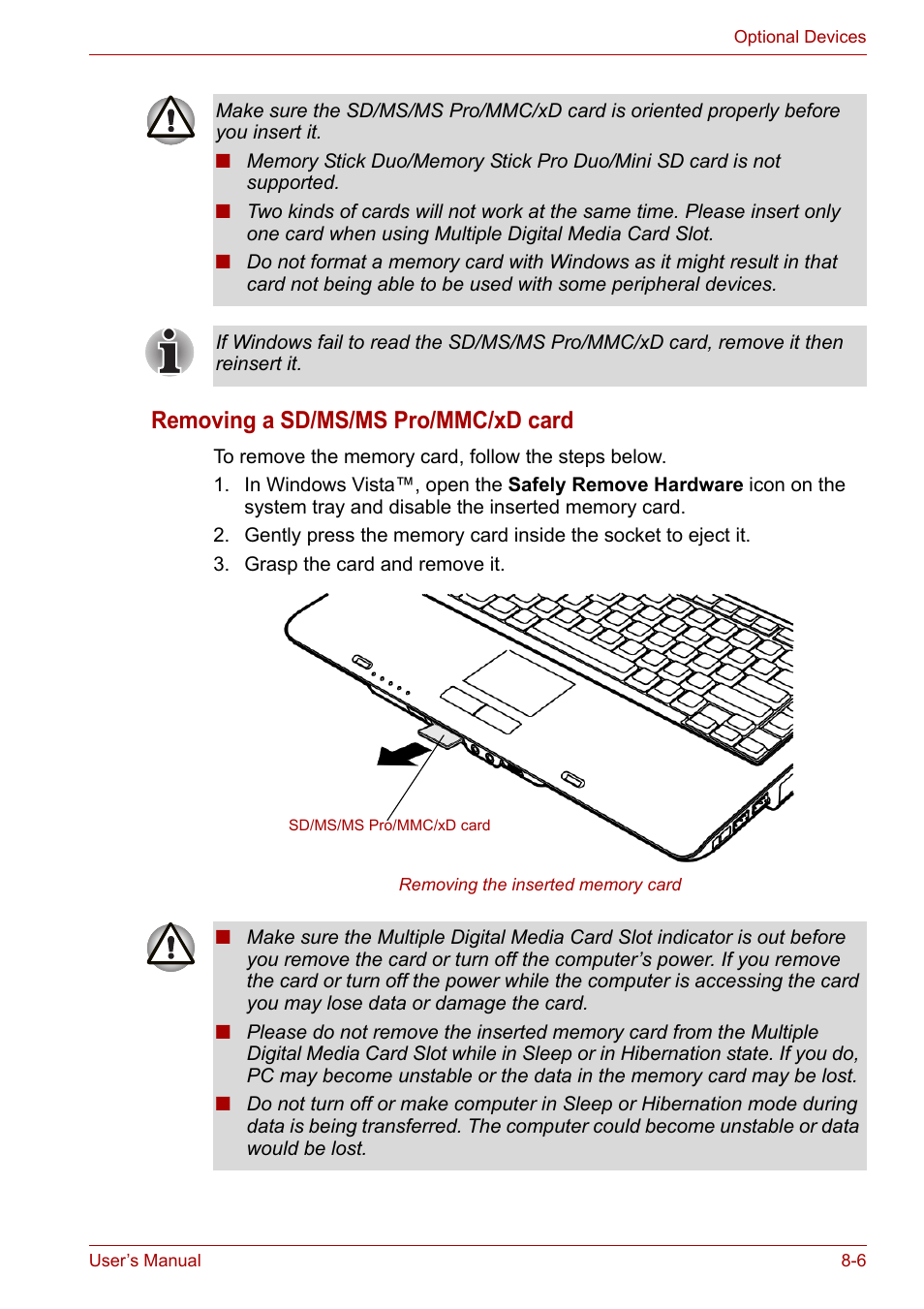 Removing a sd/ms/ms pro/mmc/xd card | Toshiba Satellite A100 (PSAAR) User Manual | Page 108 / 171