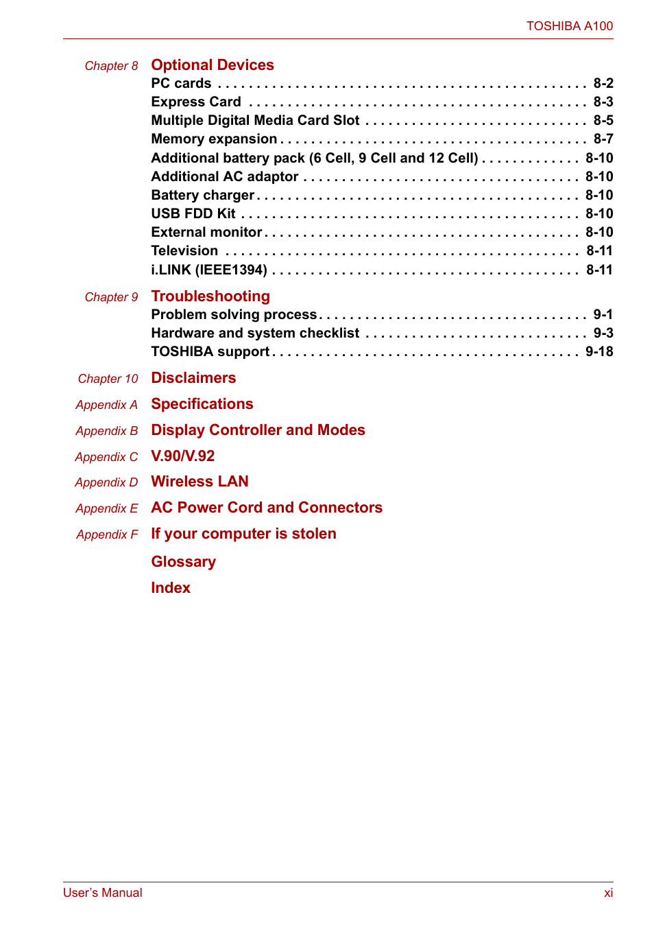 Toshiba Satellite A100 (PSAAR) User Manual | Page 11 / 171