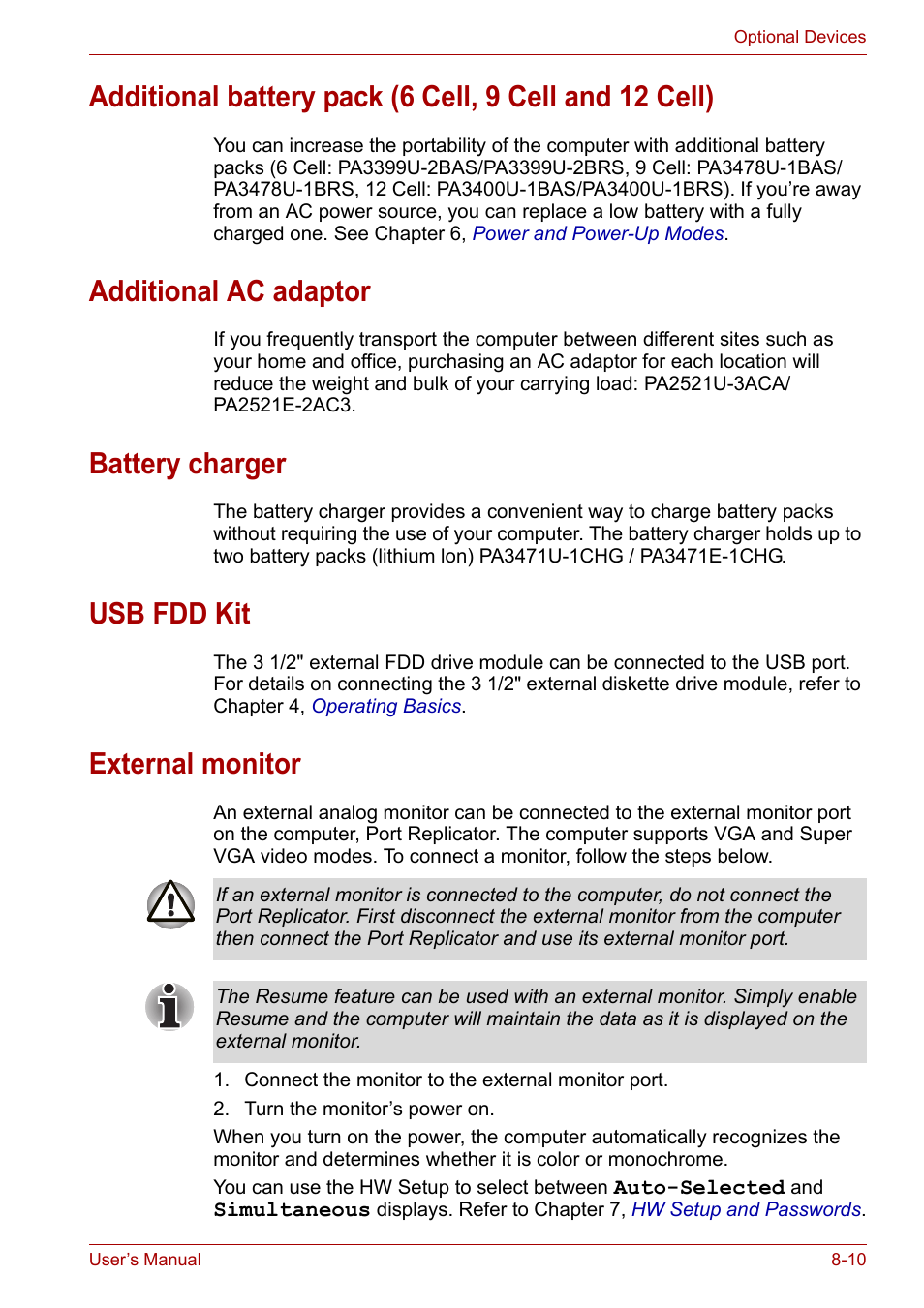 Additional ac adaptor, Battery charger, Usb fdd kit | External monitor | Toshiba Satellite A100 (PSAAR) User Manual | Page 112 / 171