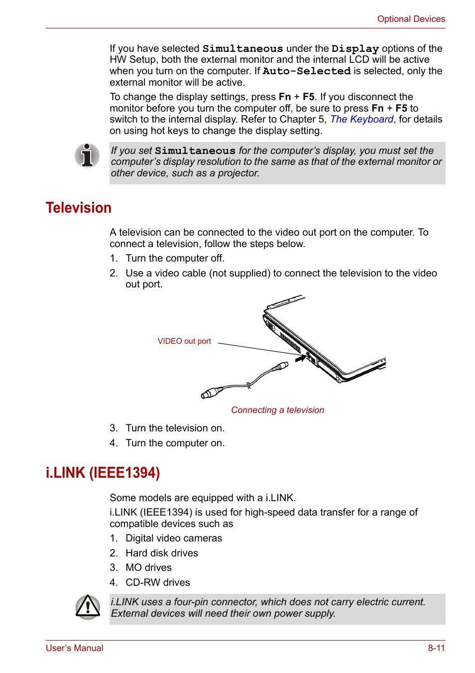 Television, I.link (ieee1394), Television -11 i.link (ieee1394) -11 | Toshiba Satellite A100 (PSAAR) User Manual | Page 113 / 171