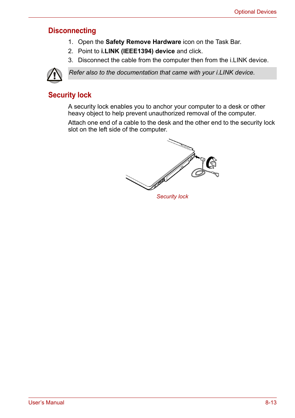 Disconnecting, Security lock | Toshiba Satellite A100 (PSAAR) User Manual | Page 115 / 171