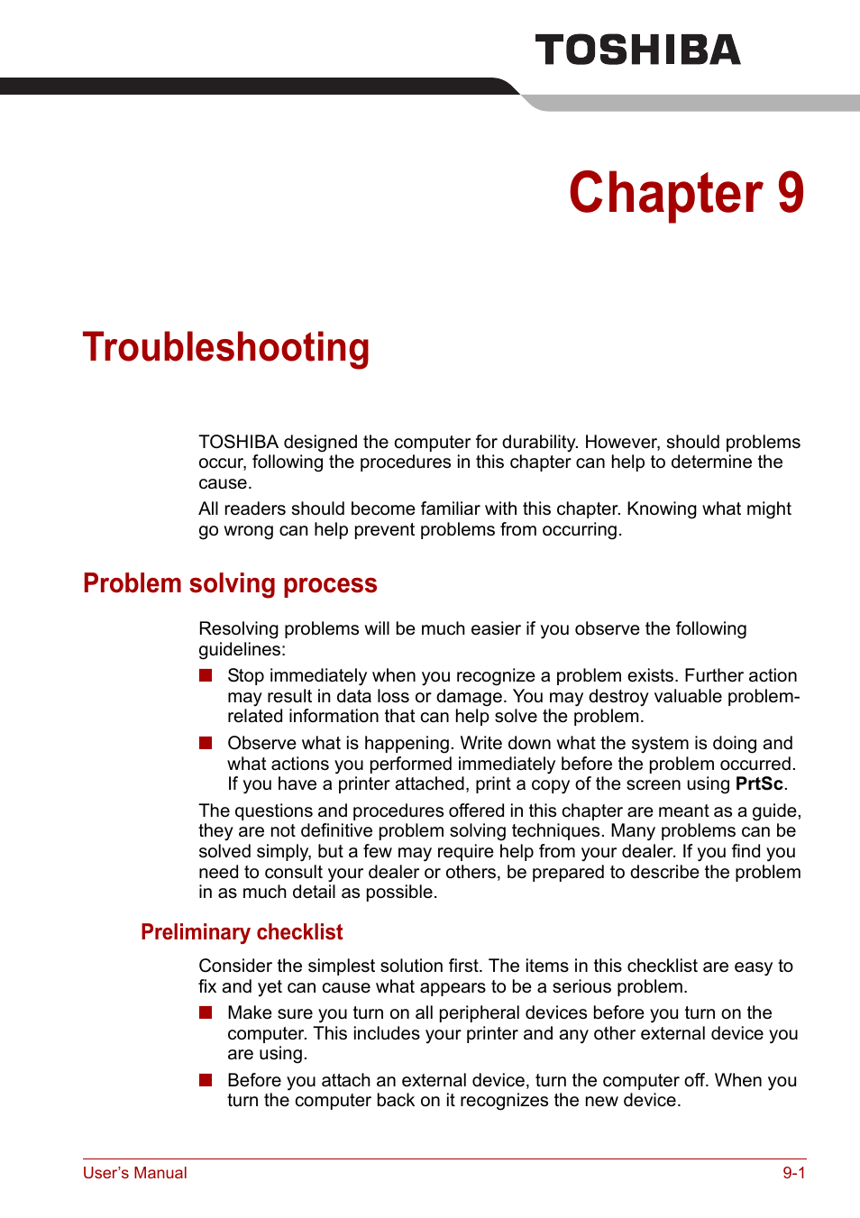 Chapter 9: troubleshooting, Problem solving process, Chapter 9 | Troubleshooting, Problem solving process -1 | Toshiba Satellite A100 (PSAAR) User Manual | Page 116 / 171