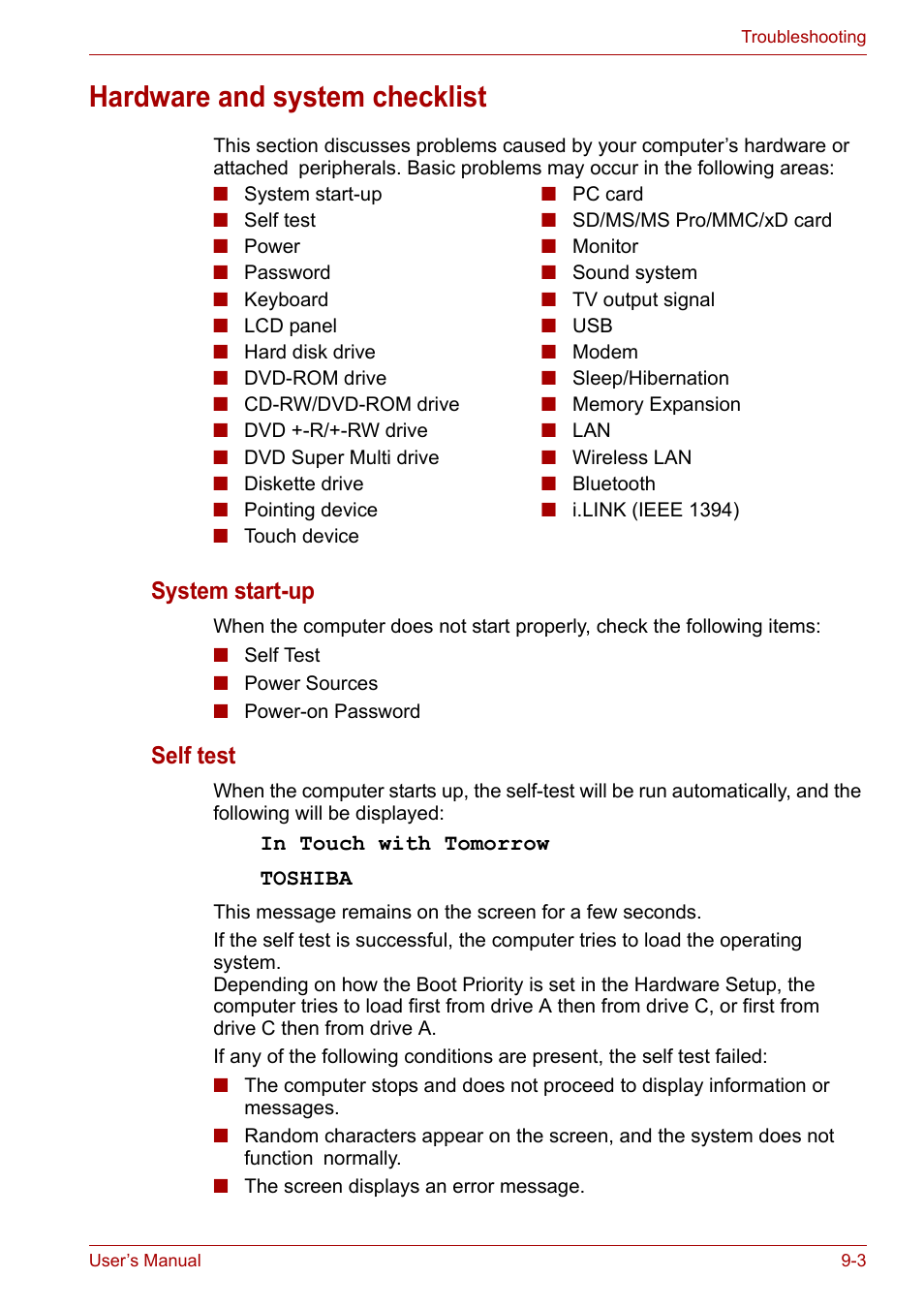 Hardware and system checklist, Hardware and system checklist -3, System start-up | Self test | Toshiba Satellite A100 (PSAAR) User Manual | Page 118 / 171