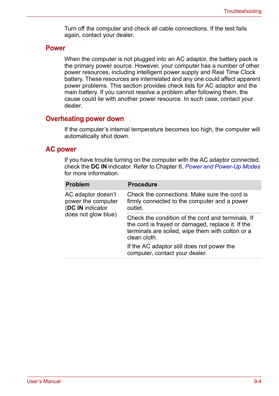 Power, Overheating power down, Ac power | Toshiba Satellite A100 (PSAAR) User Manual | Page 119 / 171