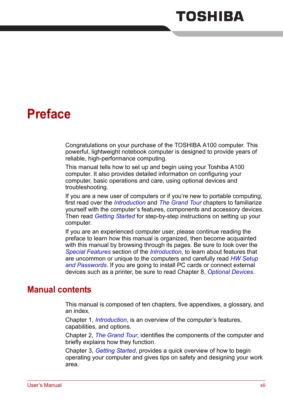 Preface, Manual contents | Toshiba Satellite A100 (PSAAR) User Manual | Page 12 / 171