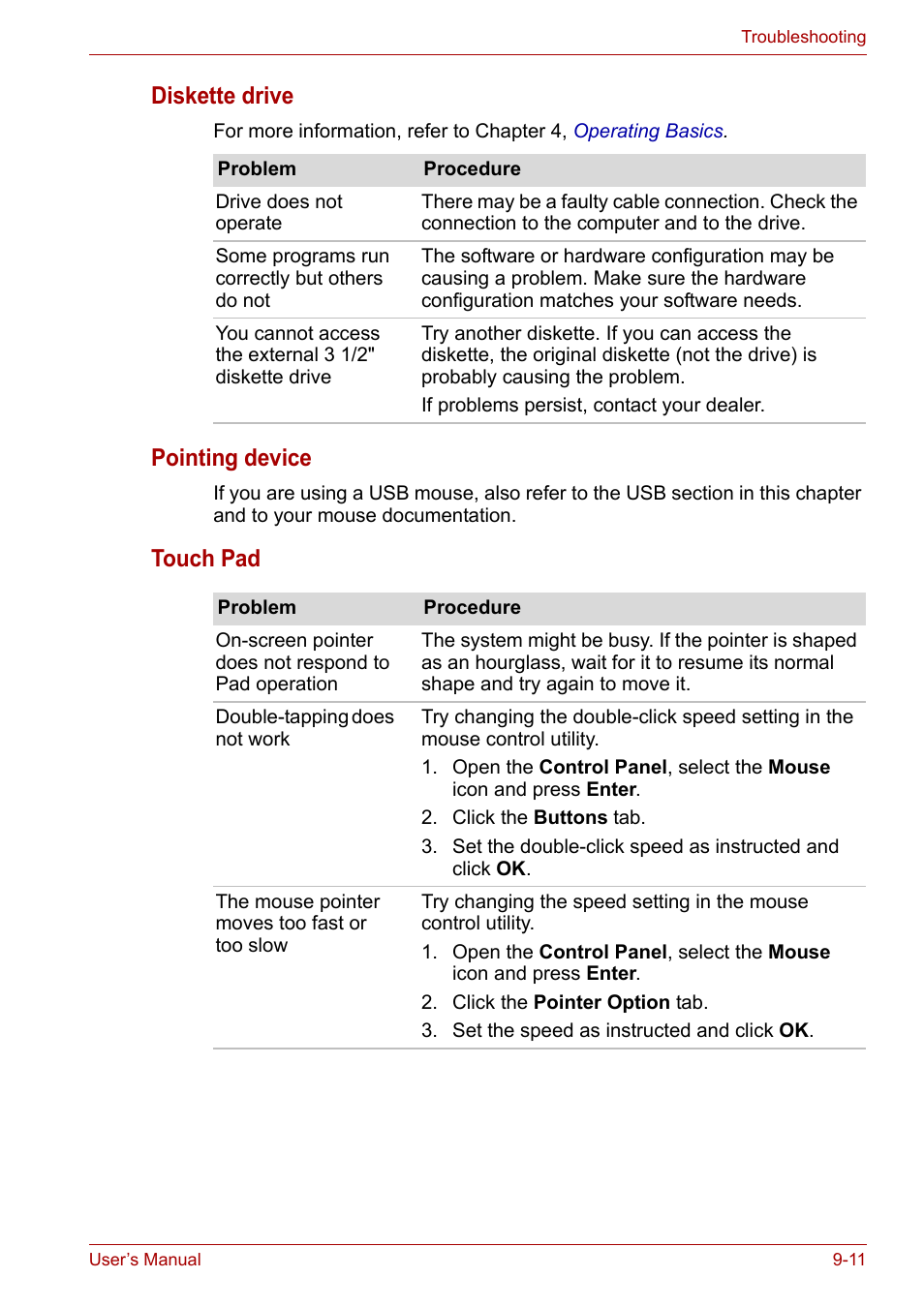 Diskette drive, Pointing device, Touch pad | Toshiba Satellite A100 (PSAAR) User Manual | Page 126 / 171