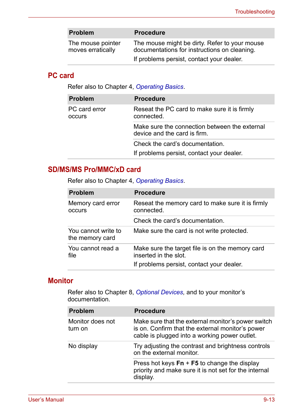 Pc card, Sd/ms/ms pro/mmc/xd card, Monitor | Toshiba Satellite A100 (PSAAR) User Manual | Page 128 / 171