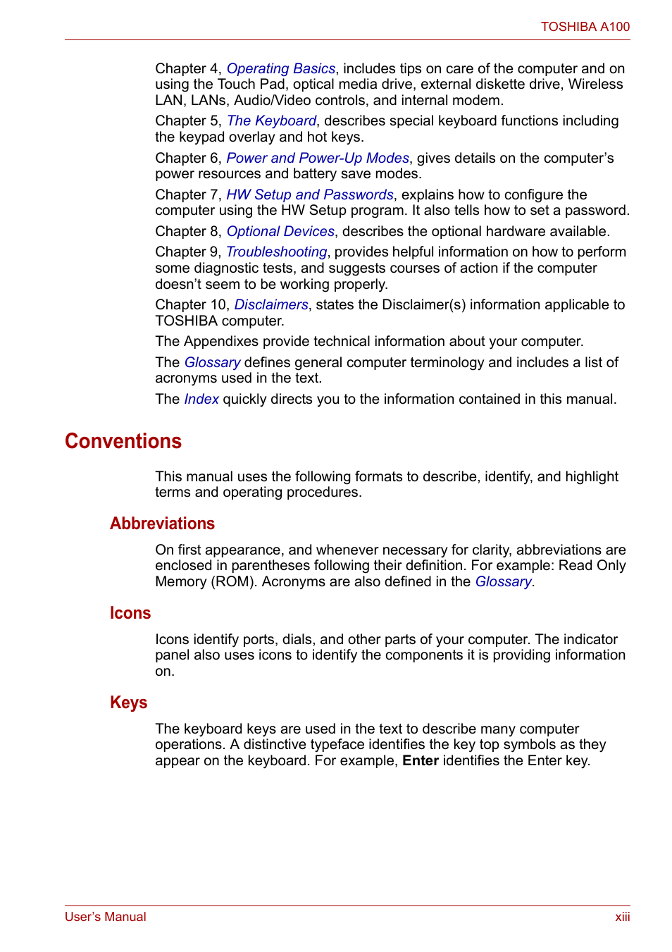 Conventions, Abbreviations, Icons | Keys | Toshiba Satellite A100 (PSAAR) User Manual | Page 13 / 171