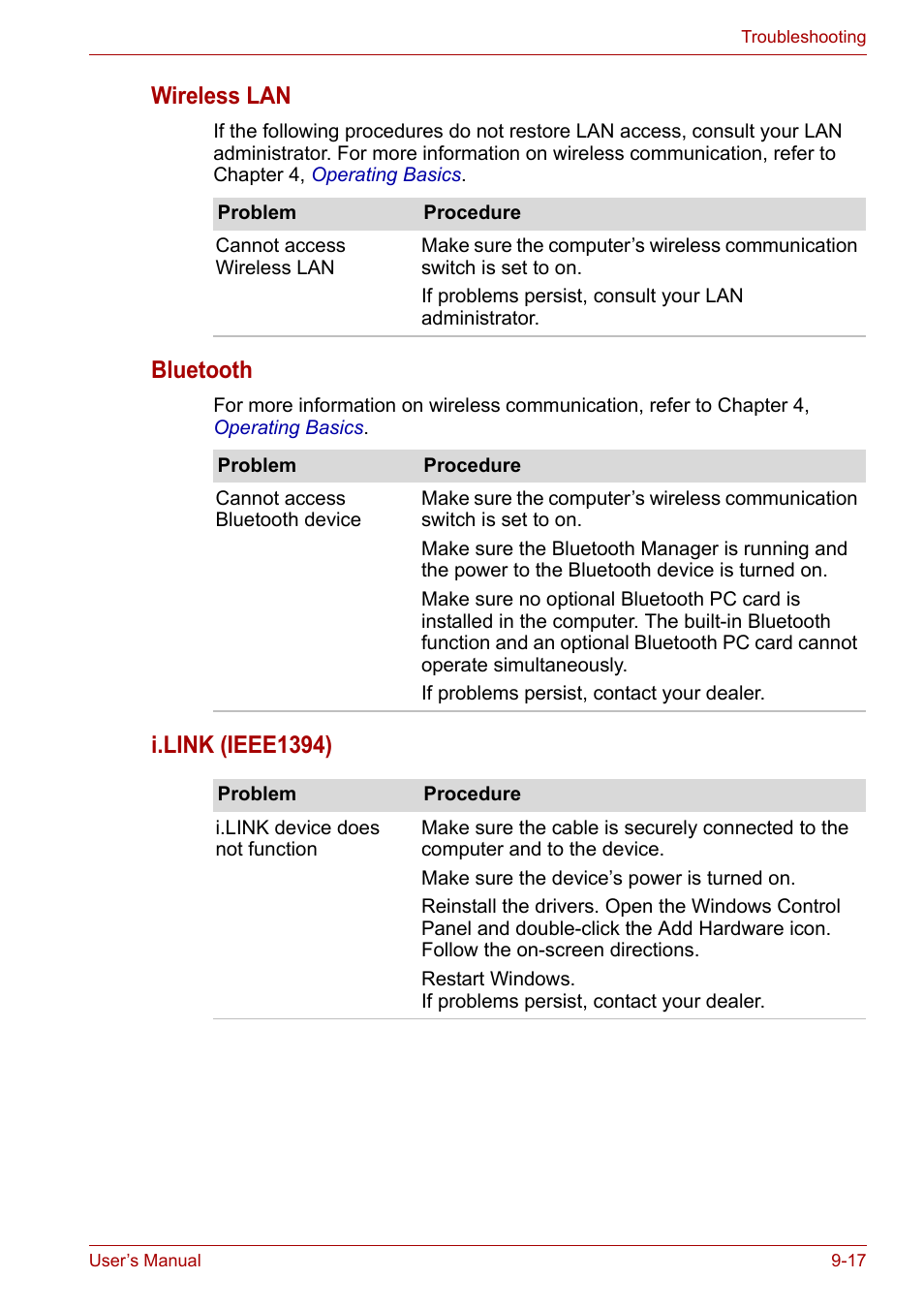 Wireless lan, Bluetooth, I.link (ieee1394) | Toshiba Satellite A100 (PSAAR) User Manual | Page 132 / 171