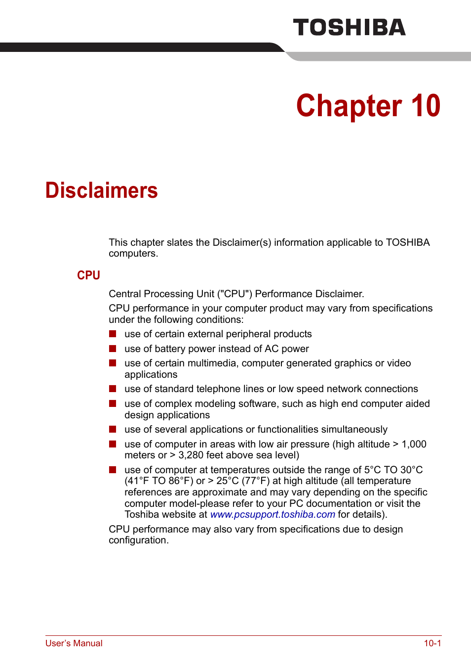 Chapter 10: disclaimers, Chapter 10, Disclaimers | Toshiba Satellite A100 (PSAAR) User Manual | Page 134 / 171