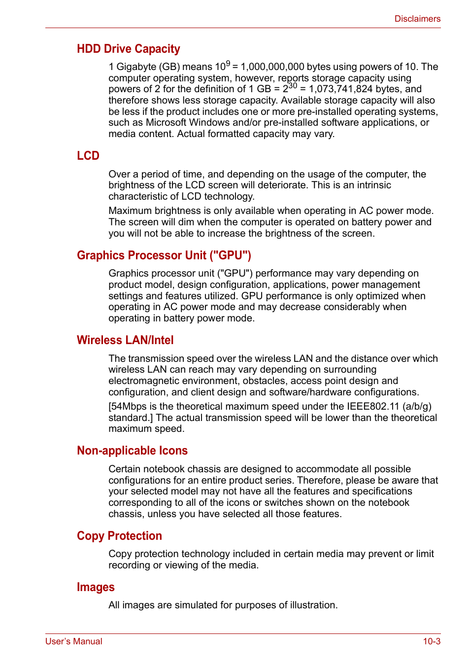 Hdd drive capacity, Graphics processor unit ("gpu"), Wireless lan/intel | Non-applicable icons, Copy protection, Images | Toshiba Satellite A100 (PSAAR) User Manual | Page 136 / 171