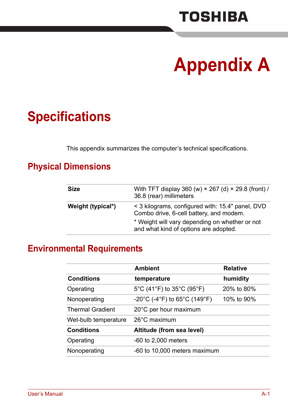 Appendix a: specifications, Appendix a, Specifications | Physical dimensions environmental requirements | Toshiba Satellite A100 (PSAAR) User Manual | Page 138 / 171