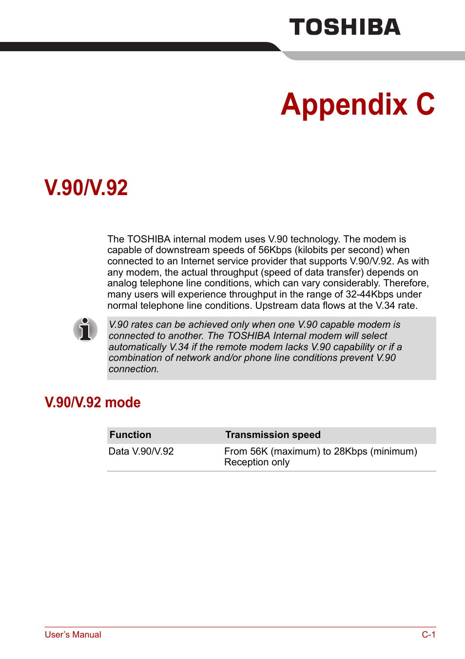 Appendix c: v.90/v.92, Appendix c, V.90/v.92 | V.90/v.92 mode | Toshiba Satellite A100 (PSAAR) User Manual | Page 143 / 171