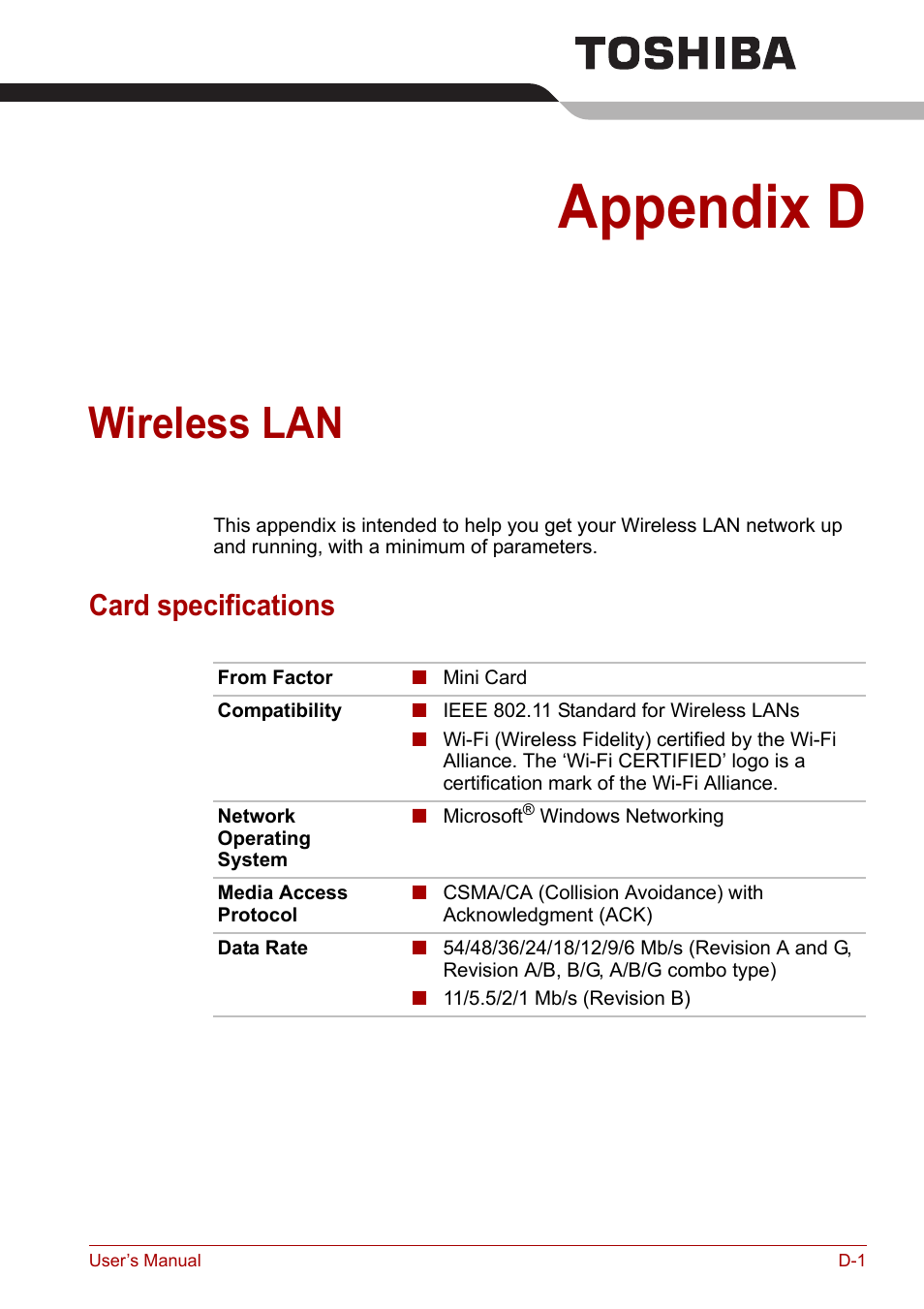 Appendix d: wireless lan, Appendix d, Wireless lan | Card specifications | Toshiba Satellite A100 (PSAAR) User Manual | Page 146 / 171