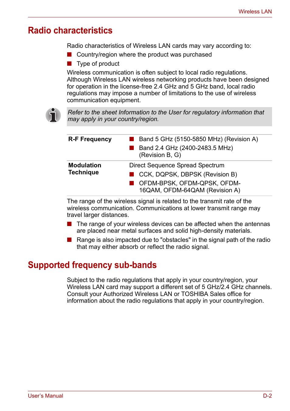 Radio characteristics, Supported frequency sub-bands | Toshiba Satellite A100 (PSAAR) User Manual | Page 147 / 171