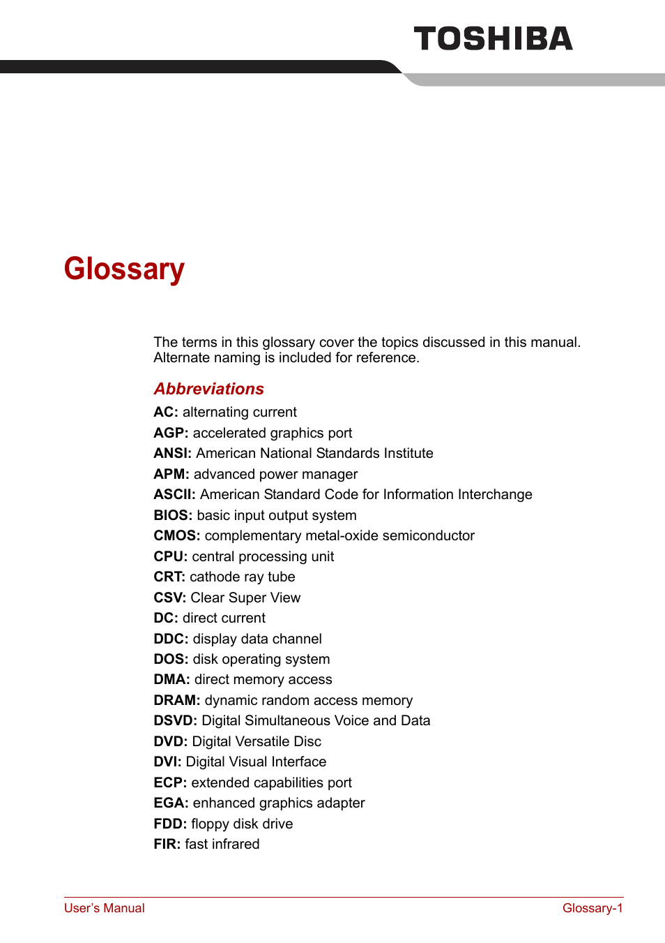 Glossary, Ed in the | Toshiba Satellite A100 (PSAAR) User Manual | Page 154 / 171