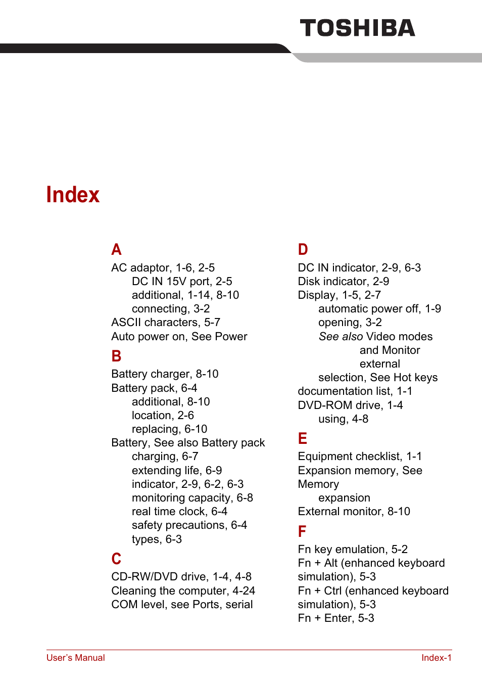 Index | Toshiba Satellite A100 (PSAAR) User Manual | Page 168 / 171