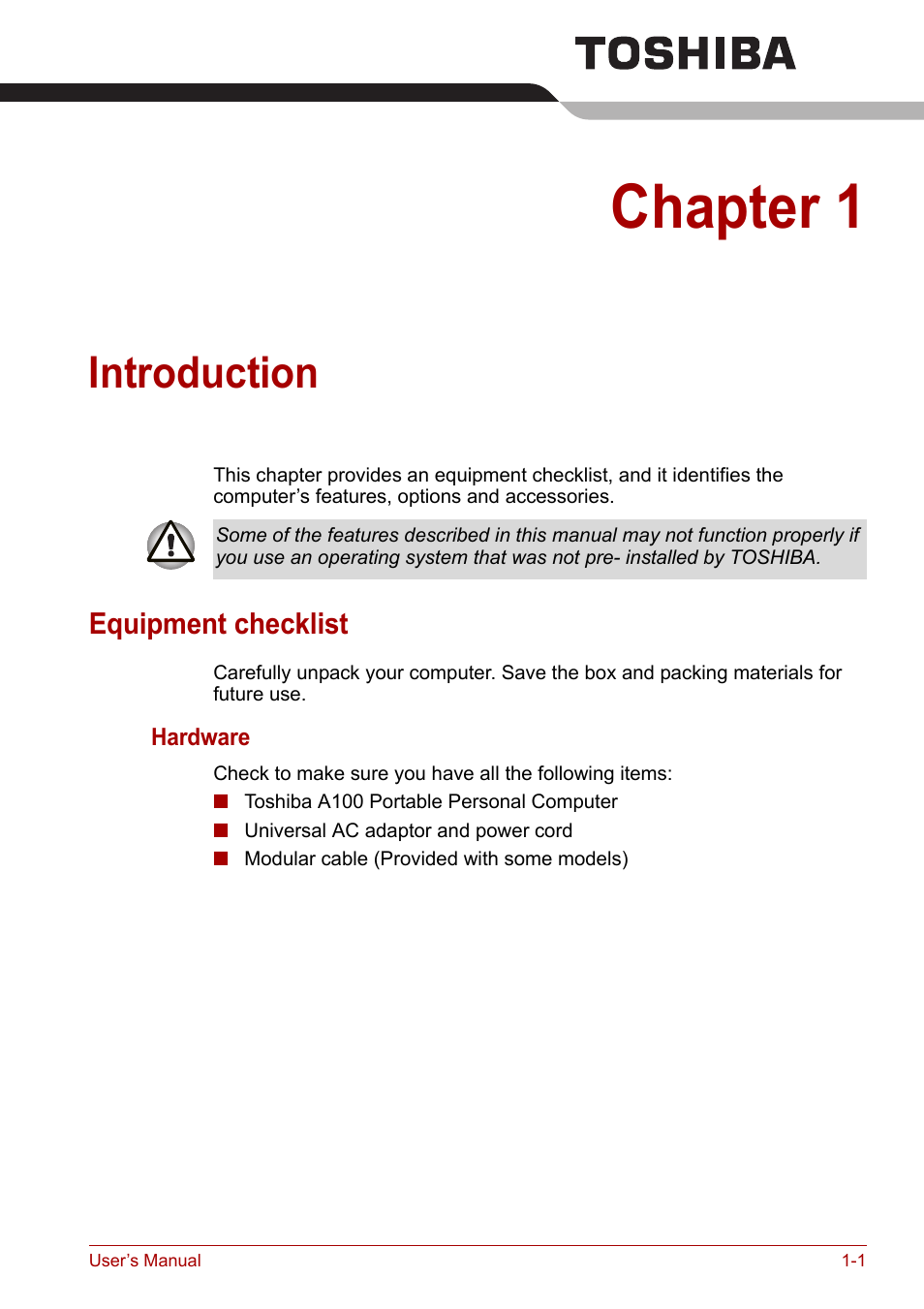 Chapter 1: introduction, Equipment checklist, Chapter 1 | Introduction, Equipment checklist -1, Of the, To lea | Toshiba Satellite A100 (PSAAR) User Manual | Page 17 / 171