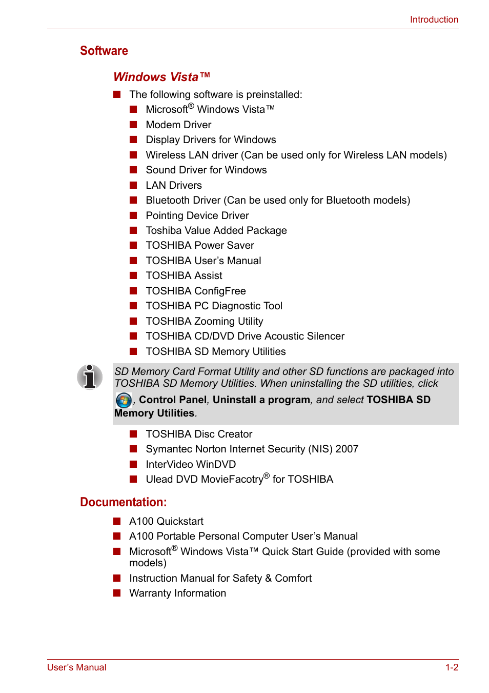 Software, Documentation | Toshiba Satellite A100 (PSAAR) User Manual | Page 18 / 171