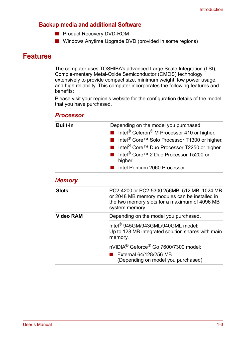 Features, Features -3, Backup media and additional software | Toshiba Satellite A100 (PSAAR) User Manual | Page 19 / 171