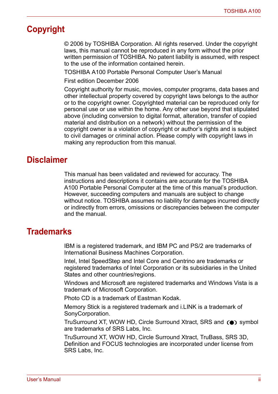 Copyright, Disclaimer, Trademarks | Toshiba Satellite A100 (PSAAR) User Manual | Page 2 / 171