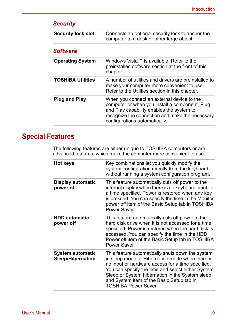 Special features, Special features -9 | Toshiba Satellite A100 (PSAAR) User Manual | Page 25 / 171