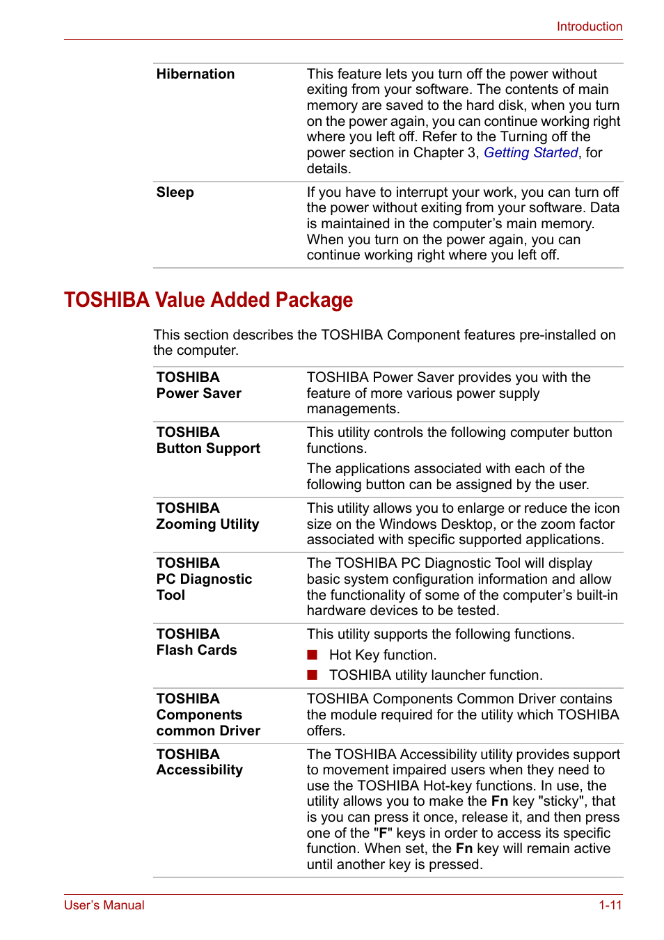 Toshiba value added package, Toshiba value added package -11 | Toshiba Satellite A100 (PSAAR) User Manual | Page 27 / 171