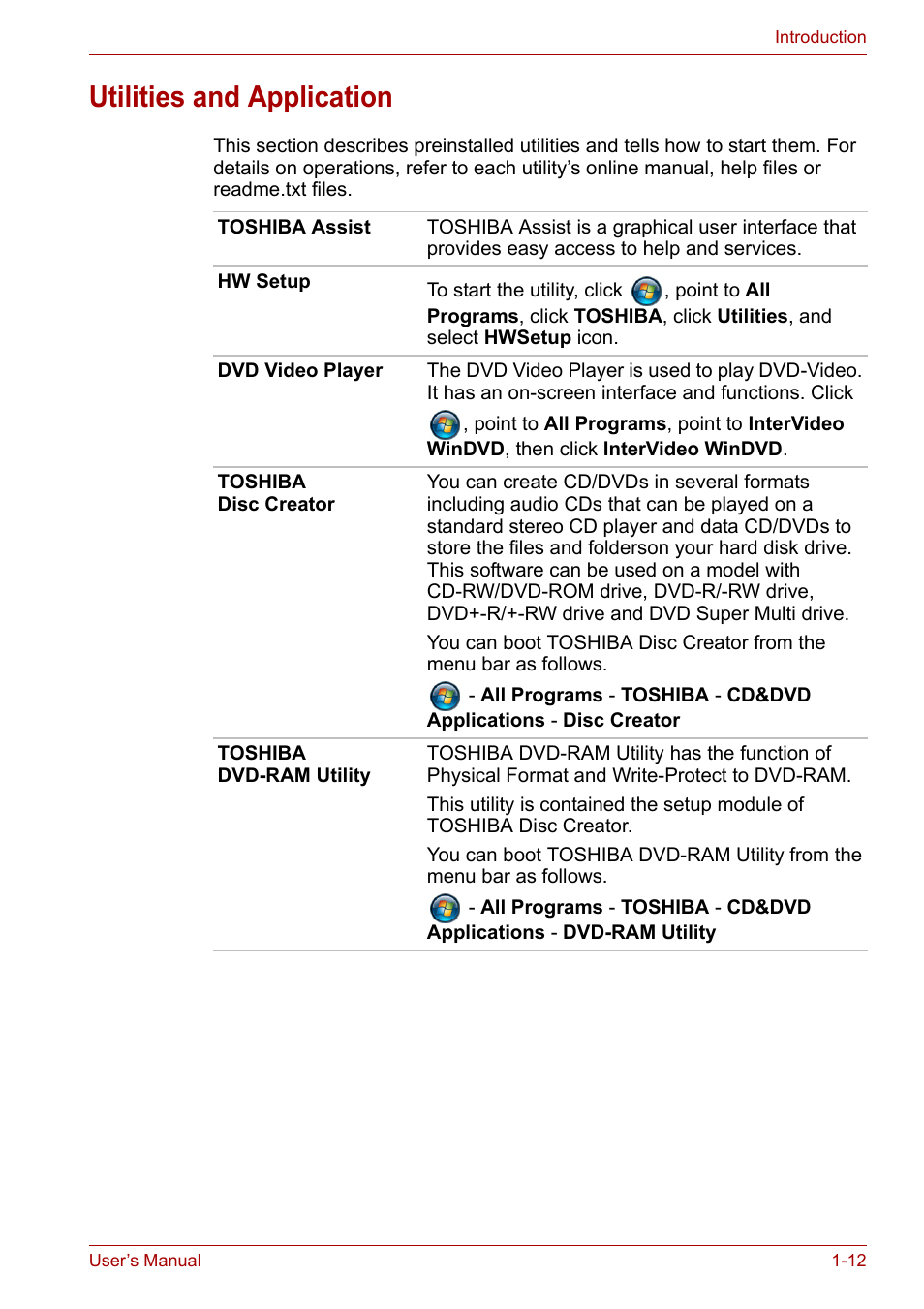 Utilities and application, Utilities and application -12 | Toshiba Satellite A100 (PSAAR) User Manual | Page 28 / 171