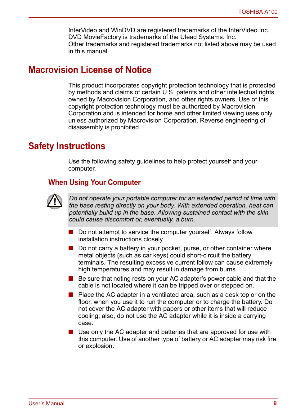 Macrovision license of notice, Safety instructions, When using your computer | Toshiba Satellite A100 (PSAAR) User Manual | Page 3 / 171