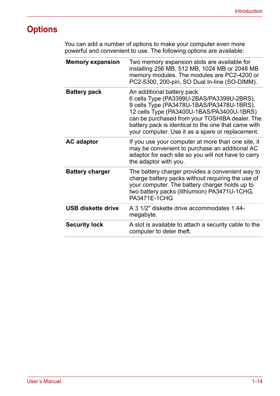 Options, Options -14 | Toshiba Satellite A100 (PSAAR) User Manual | Page 30 / 171