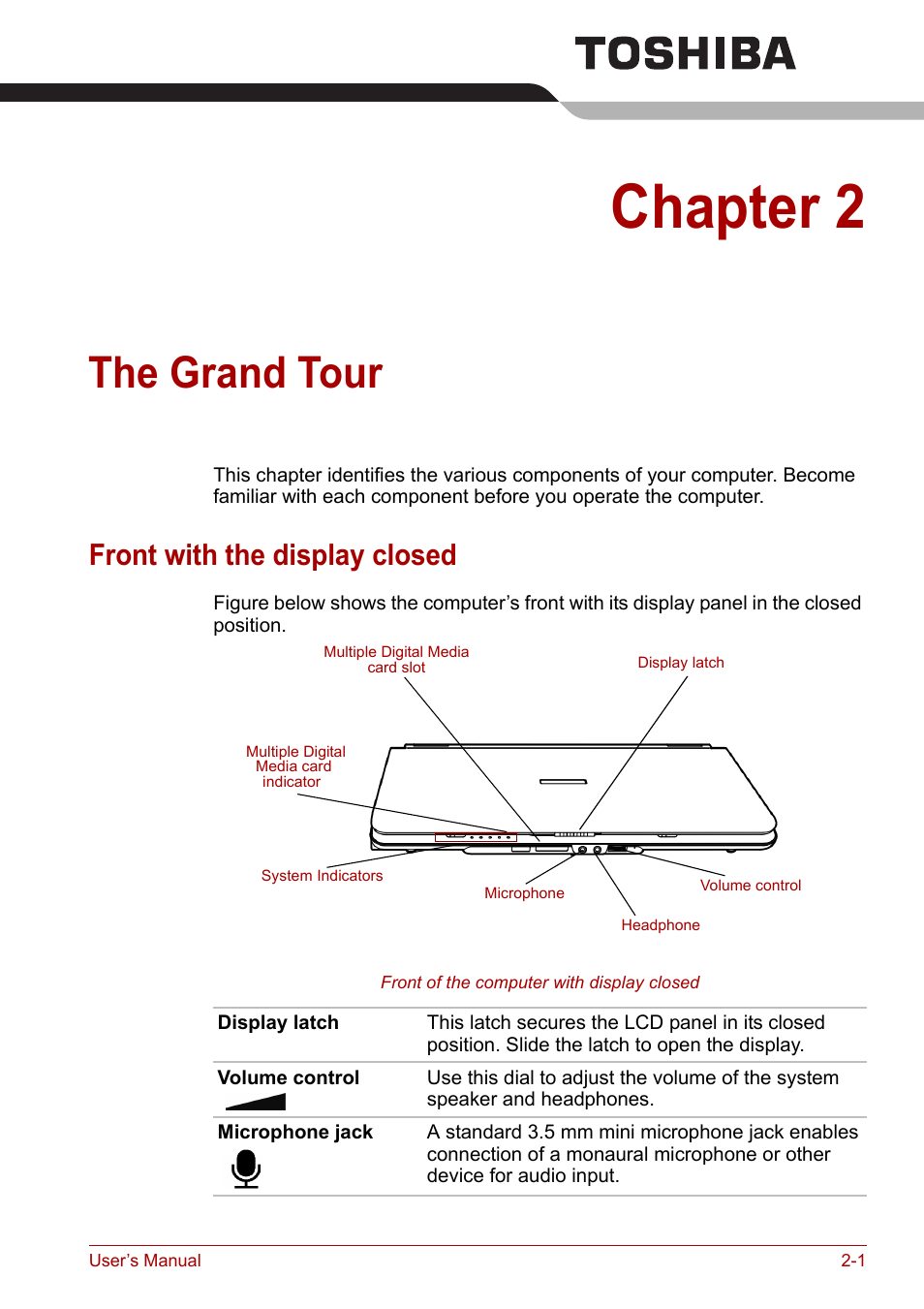 Chapter 2: the grand tour, Front with the display closed, Chapter 2 | The grand tour, Front with the display closed -1, Ter 2 | Toshiba Satellite A100 (PSAAR) User Manual | Page 31 / 171