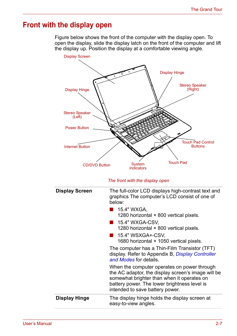 Front with the display open, Front with the display open -7 | Toshiba Satellite A100 (PSAAR) User Manual | Page 37 / 171