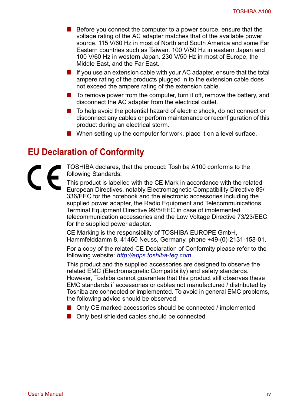 Eu declaration of conformity | Toshiba Satellite A100 (PSAAR) User Manual | Page 4 / 171