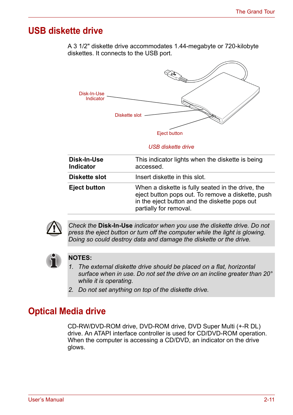 Usb diskette drive, Optical media drive, Usb diskette drive -11 optical media drive -11 | Toshiba Satellite A100 (PSAAR) User Manual | Page 41 / 171