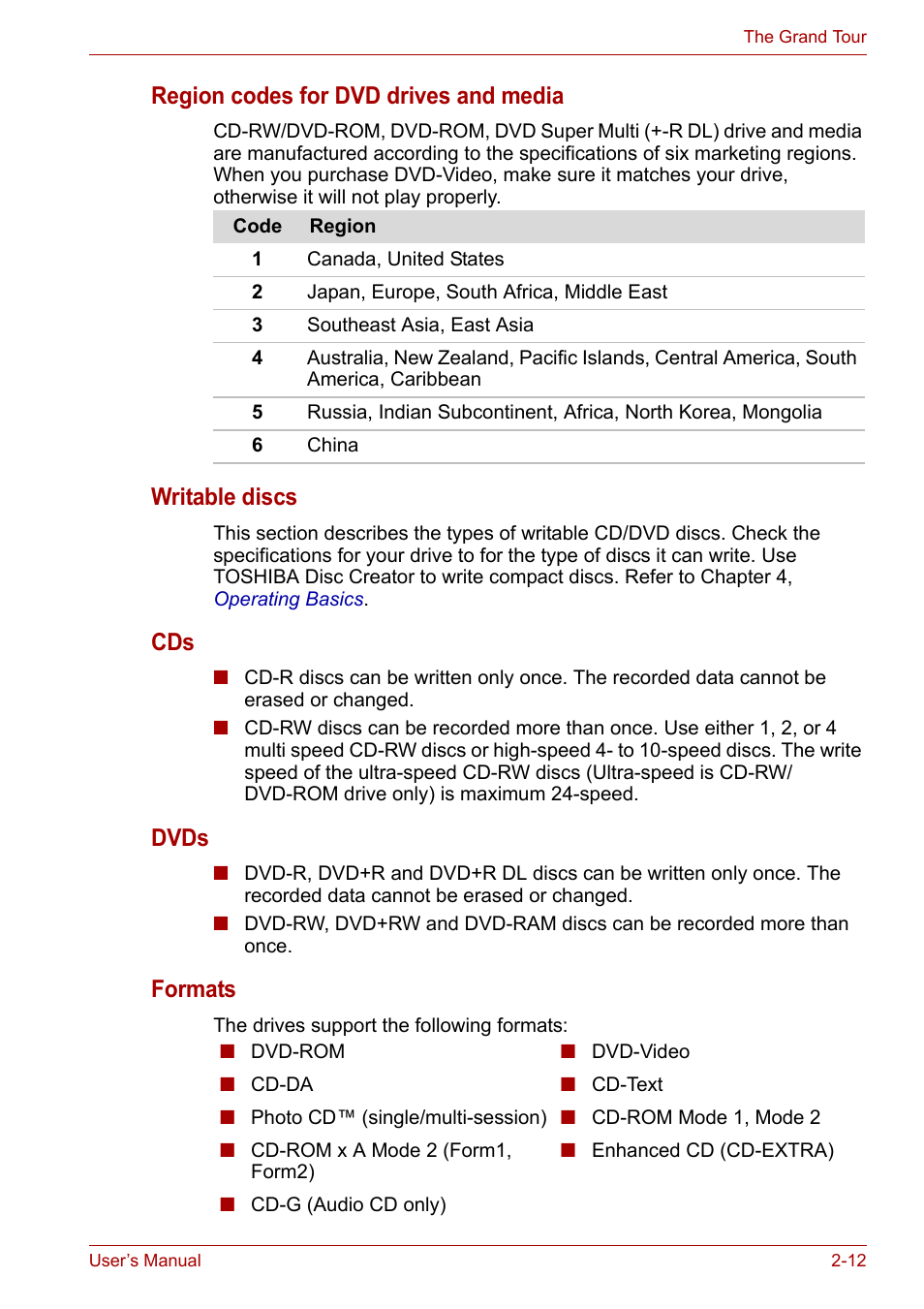 Region codes for dvd drives and media, Writable discs, Dvds | Formats | Toshiba Satellite A100 (PSAAR) User Manual | Page 42 / 171