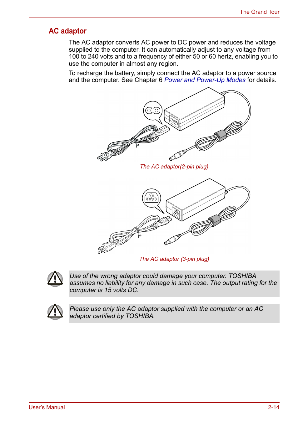 Ac adaptor | Toshiba Satellite A100 (PSAAR) User Manual | Page 44 / 171