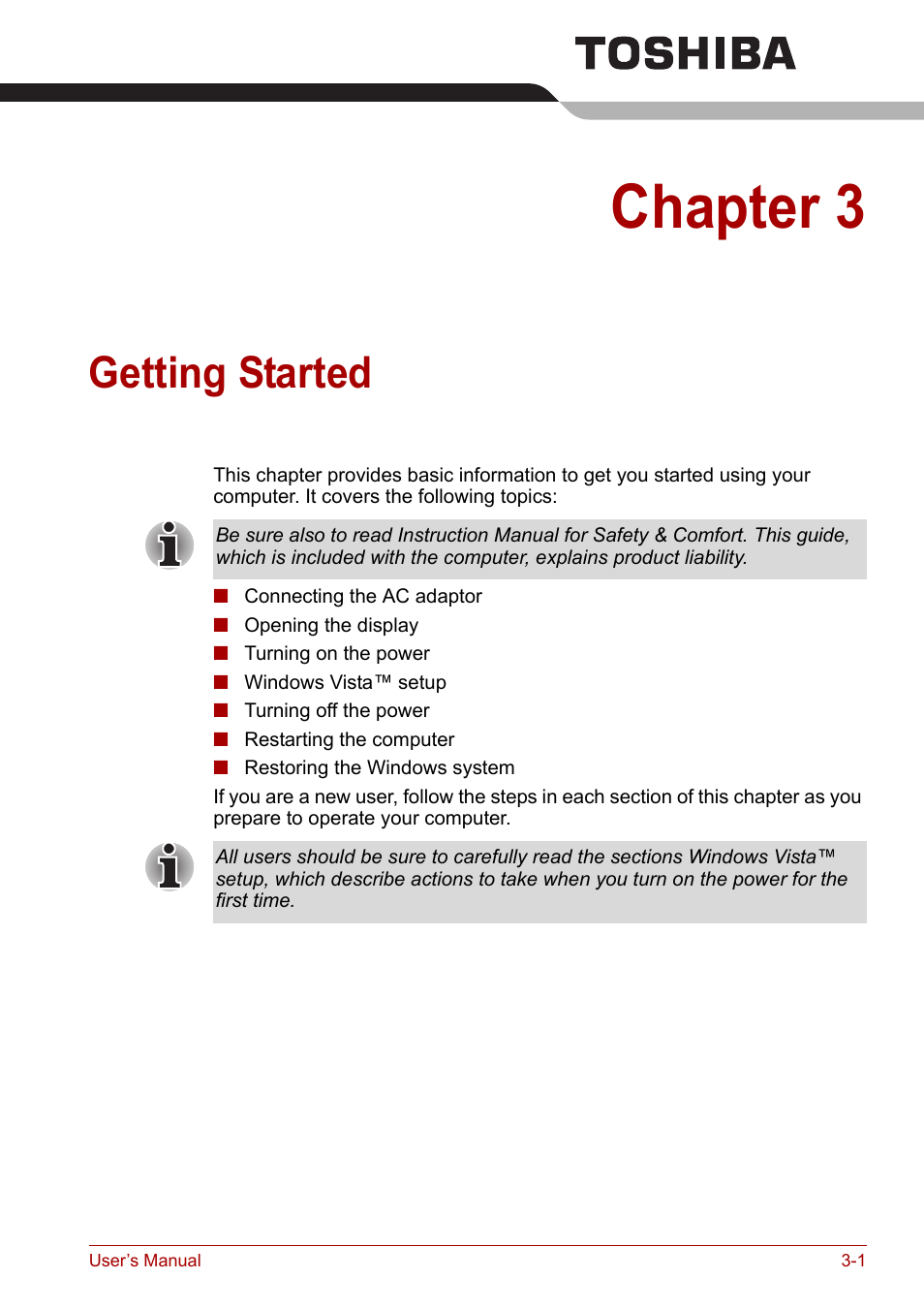 Chapter 3: getting started, Chapter 3, Getting started | Toshiba Satellite A100 (PSAAR) User Manual | Page 45 / 171