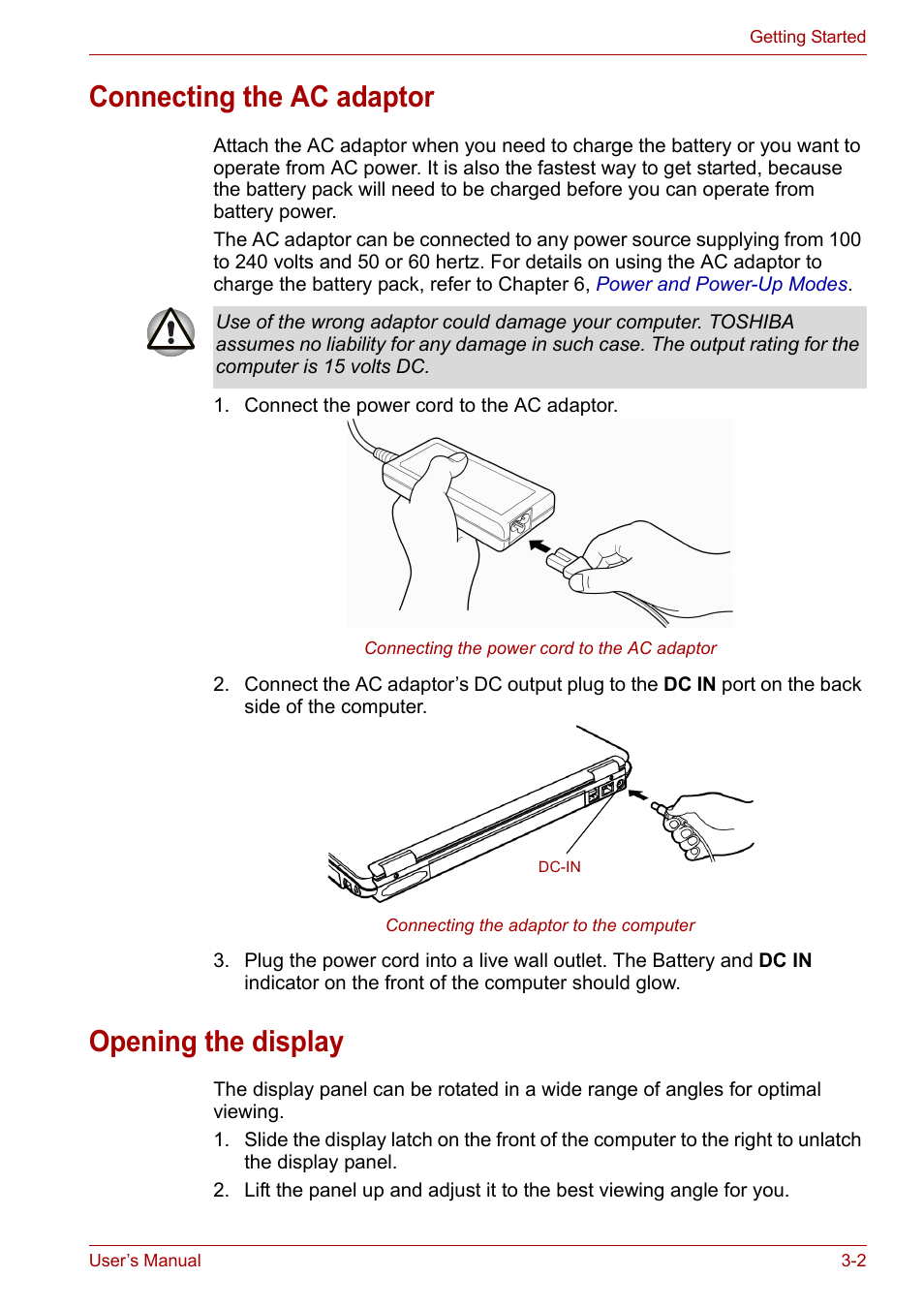 Connecting the ac adaptor, Opening the display | Toshiba Satellite A100 (PSAAR) User Manual | Page 46 / 171