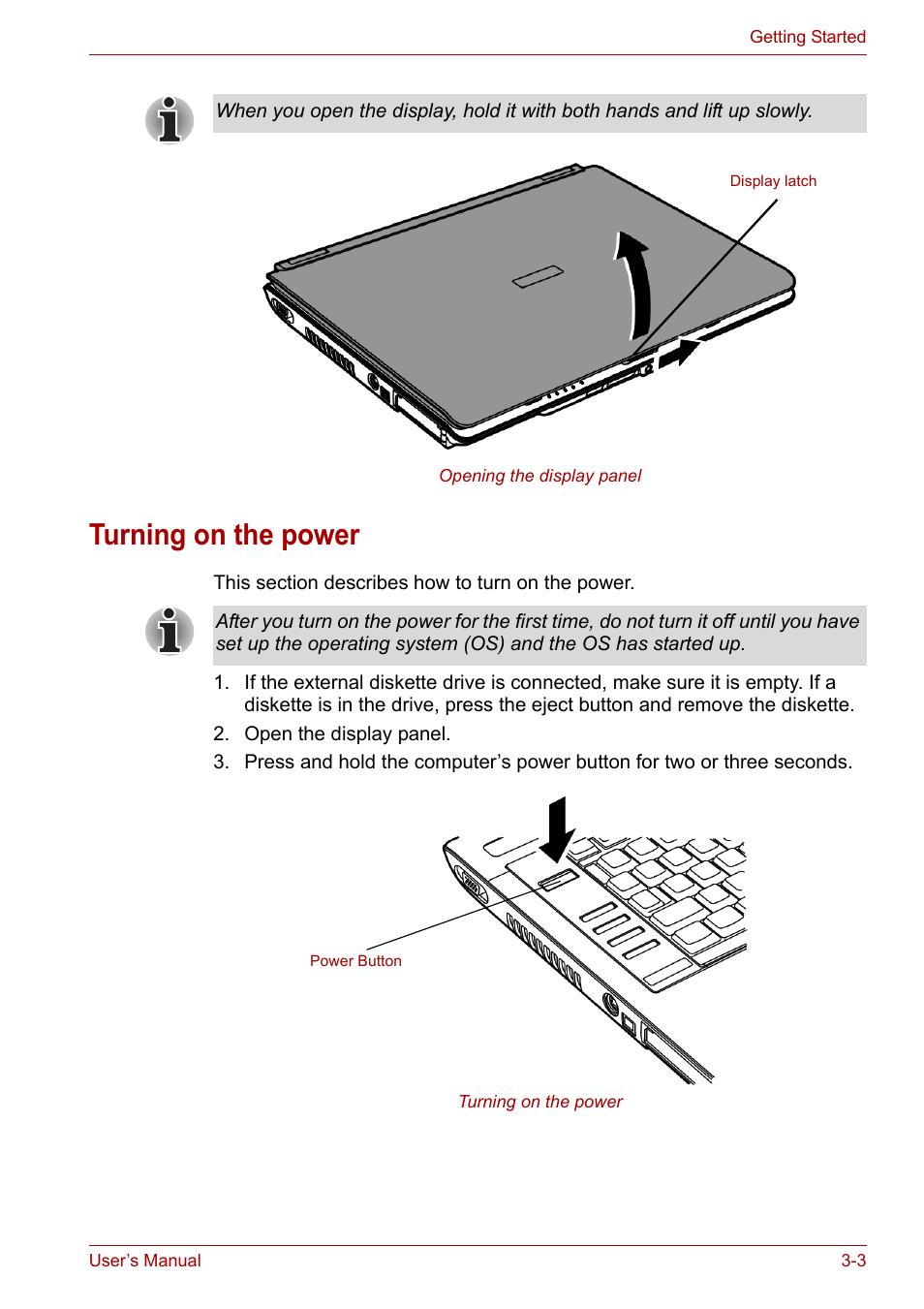 Turning on the power, Turning on the power -3 | Toshiba Satellite A100 (PSAAR) User Manual | Page 47 / 171